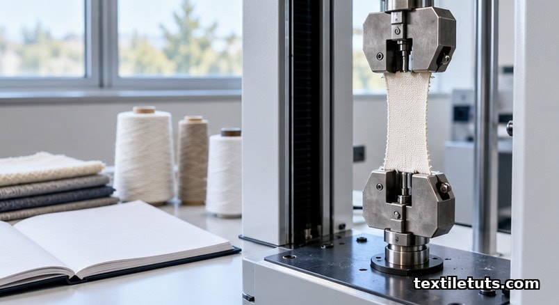 Textile testing laboratory workbench with a tensile testing machine, a fabric sample clamped in its jaws, and lab notebooks, soft natural light.