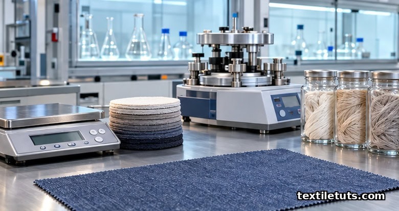 Textile testing lab bench with indigo swatch, Martindale abrasion tester, yarn samples and precision scale.