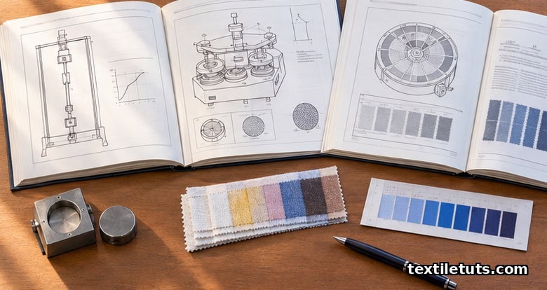 Open ISO, AATCC and ASTM textile test manuals on a lab bench with blue wool light-fastness standards.