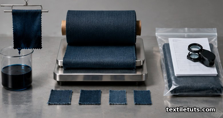 Three-stage textile QC workflow still life showing lab-dip dyeing, inline fabric roll weight checks, and pre-shipment sample bag with test report.
