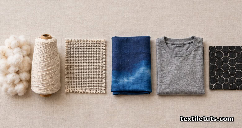 Flat lay of fiber, yarn, woven fabric, dyed textile, garment, and technical textile research categories.