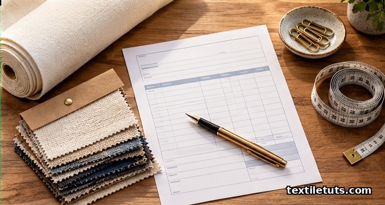Flat-lay of a proforma invoice on a wooden desk with cotton fabric swatches, measuring tape, and a brass fountain pen.
