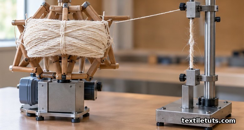Wrap reel holding a wound cotton yarn skein beside a twist tester with a short length of yarn being untwisted between clamps.
