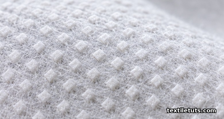 Macro close-up of white thermal-bonded nonwoven fabric showing a regular grid of raised diamond bond points across a soft fiber web.