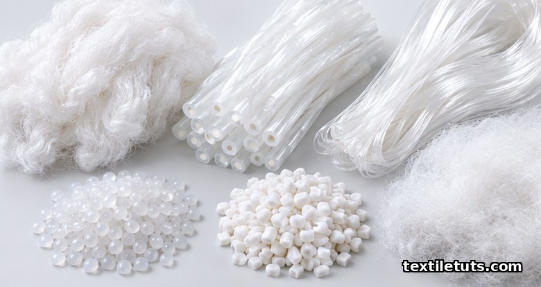 Still life of polypropylene and polyester staple fibers, bicomponent filaments, polymer pellets, and a carded fiber web used in thermal bonding.