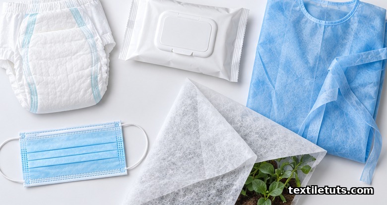 Flat-lay of finished thermal-bonded nonwoven products including a diaper topsheet, wipes, surgical mask, isolation gown, and agricultural crop cover fabric.