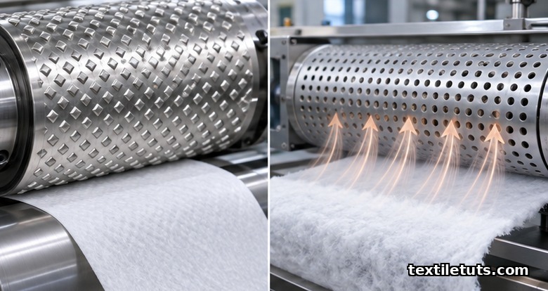 Split industrial view of calendar bonding with an engraved steel roller pressing a nonwoven web and through-air bonding with hot air drawn through a perforated drum.