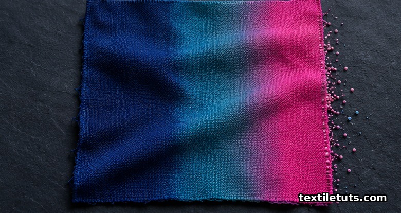 Flat-lay fabric swatch showing a thermochromic dye transition from deep navy through teal to vivid magenta across the textile.