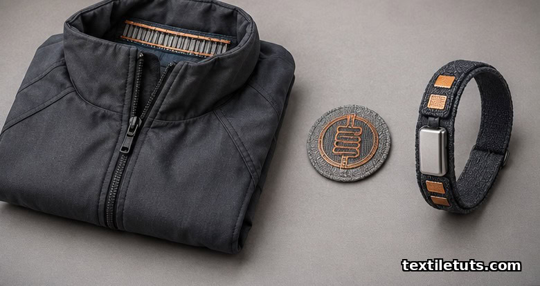 Flat-lay of three wearables: heated jacket with thermoelectric collar, coin-sized sensor patch, and Peltier wristband