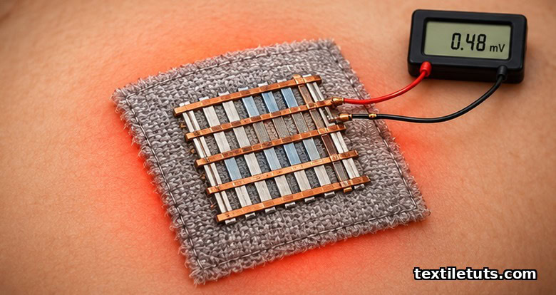 Textile patch with bonded thin-film thermoelectric module against warm skin surface showing millivolt output