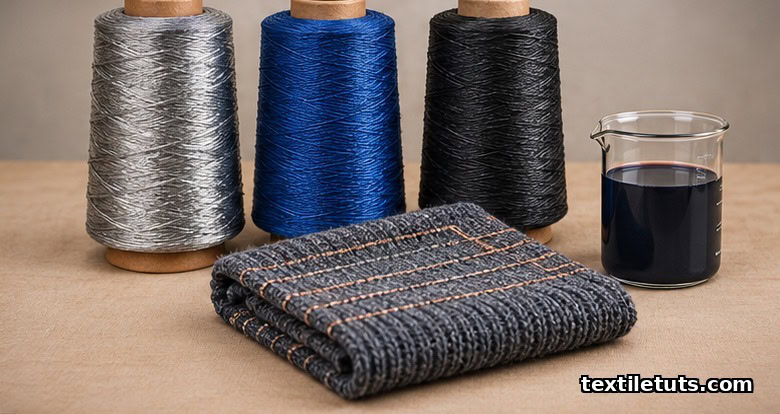 Three spools of thermoelectric yarn: silvery Bi2Te3 alloy, deep-blue PEDOT:PSS, and black carbon nanotubes