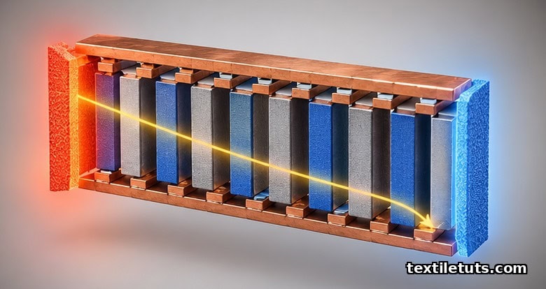 Alternating n-type and p-type semiconductor legs with hot warm side, cold cool side, and copper busbars