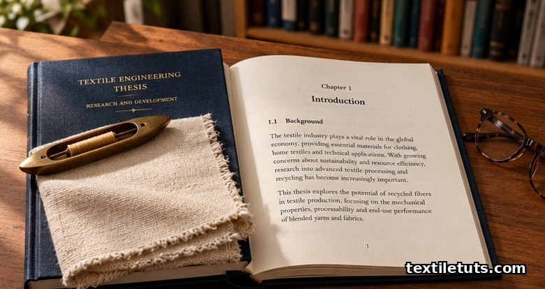 Dark-blue hardbound textile engineering thesis opened on a walnut desk beside a cotton swatch, shuttle paperweight, and reading glasses.