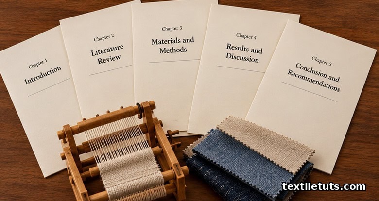 Five chapter divider pages fanned out on a desk beside a miniature loom model and woven fabric samples illustrating IMRaD chapters.