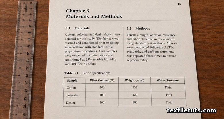 Printed thesis page laid flat showing serif typography, left margin ruler, data table, and page number for textile engineering layout.