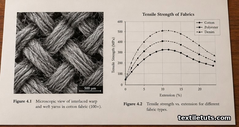 Microscopy close-up of warp and weft cotton yarns beside a hand-drawn tensile-strength line chart on a printed thesis figure spread.