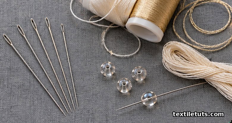 Close-up of English beading needles sizes 10 to 16 threaded with bonded nylon polyester and silk threads beside glass beads.