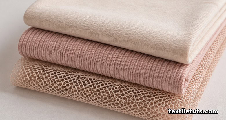 Three folded knit fabric swatches stacked: smooth single jersey on top, textured 1x1 rib in the middle, and sheer power mesh on the bottom.