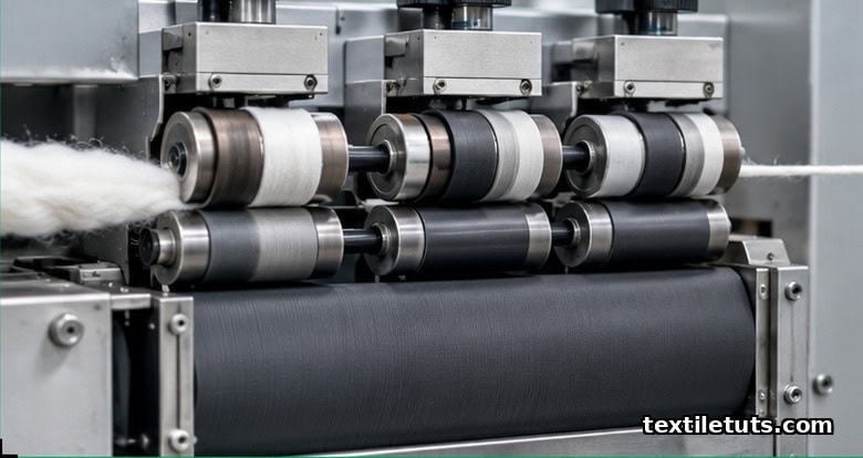 Three-roller drafting system attenuating a roving ribbon into fine yarn on a ring spinning frame.