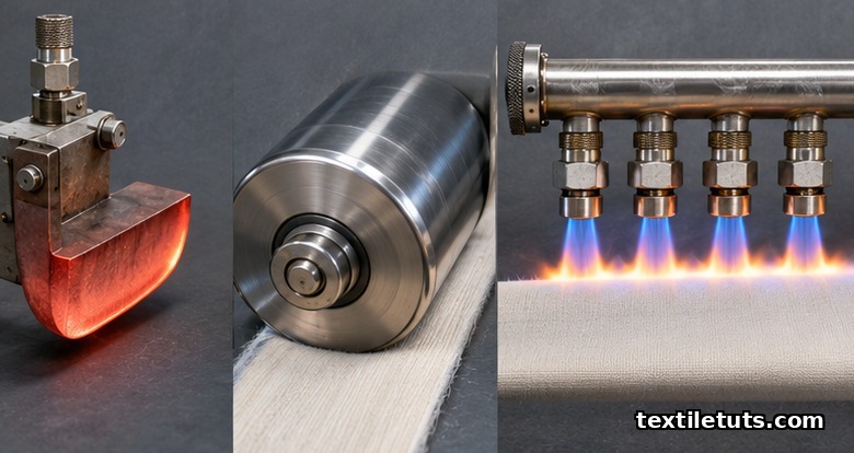 Side-by-side comparison of three singeing methods: curved copper plate, water-cooled roller, and gas burner ribbon flame applied to fabric.