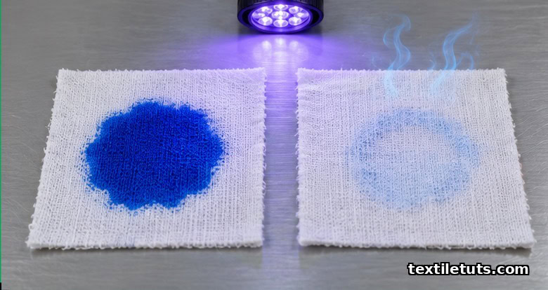 Side-by-side cotton swatches under UV-A: untreated fabric retains deep methylene blue stain while TiO2-coated fabric shows it faded.