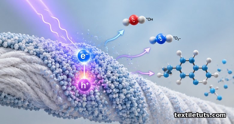 Microscopic view of anatase titanium dioxide nanoparticles on cotton fiber absorbing a UV-A photon to generate electron-hole reactive species.