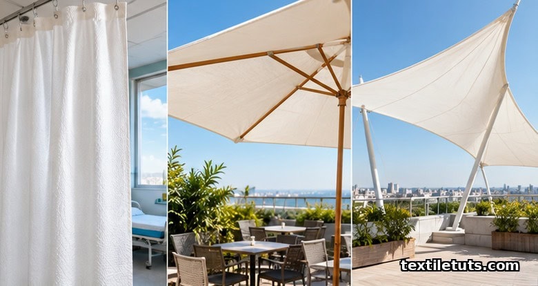Photocatalytic TiO2-coated textiles shown as hospital curtains, outdoor parasol awnings, and architectural tent canopy fabrics in sunlight.