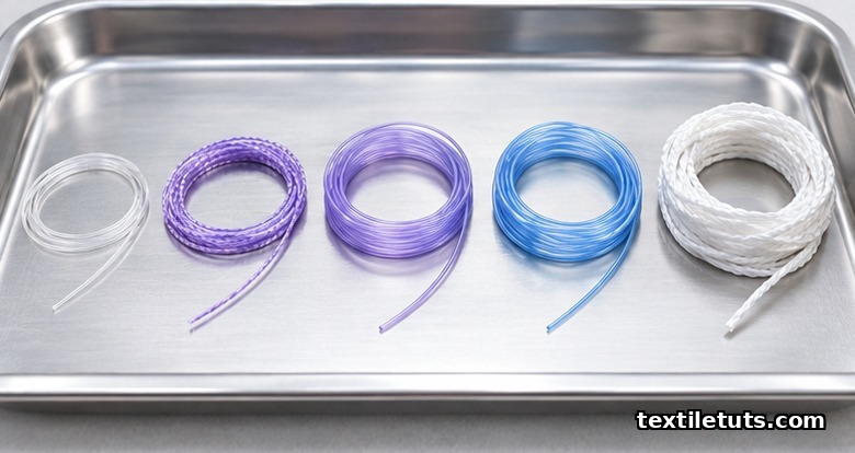 Clinical tray with suture samples of different gauges and materials matched to skin, fascia, vascular, and orthopedic tissue repair.