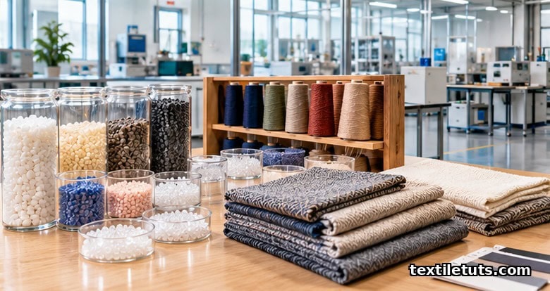 Editorial US specialty-fiber laboratory scene with polymer pellets, yarn bobbins, and neutral fabric swatches under soft industrial lighting.