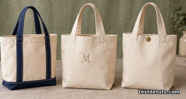 Three small canvas tote bags showing contrast topstitching, embroidered monogram, and magnetic clasp closure.