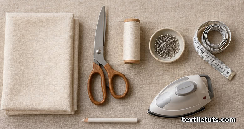 Flat lay of canvas, scissors, thread, pins, measuring tape, and iron arranged on linen for tote bag sewing.