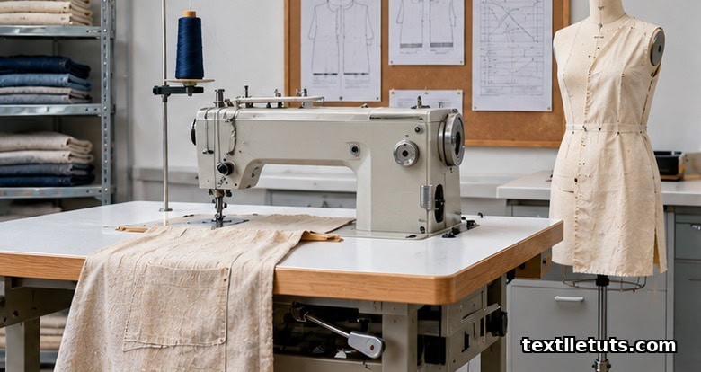 Trade-school sewing studio with an industrial sewing machine, a dress form with a muslin toile, and folded fabric stacks.