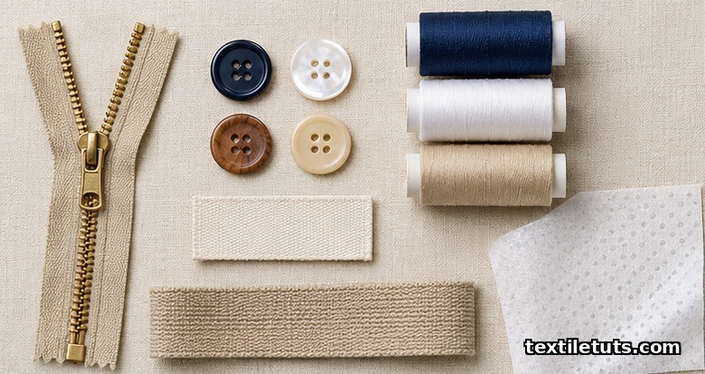 Editorial flat-lay of garment trims and accessories including a metal zipper, buttons of varying materials, thread spools, woven labels, and fusible interlining on a cream linen surface.