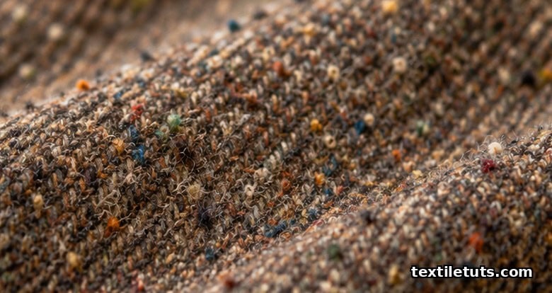 Close-up of heathered brown tweed swatch showing diagonal twill weave and colorful Donegal flecks