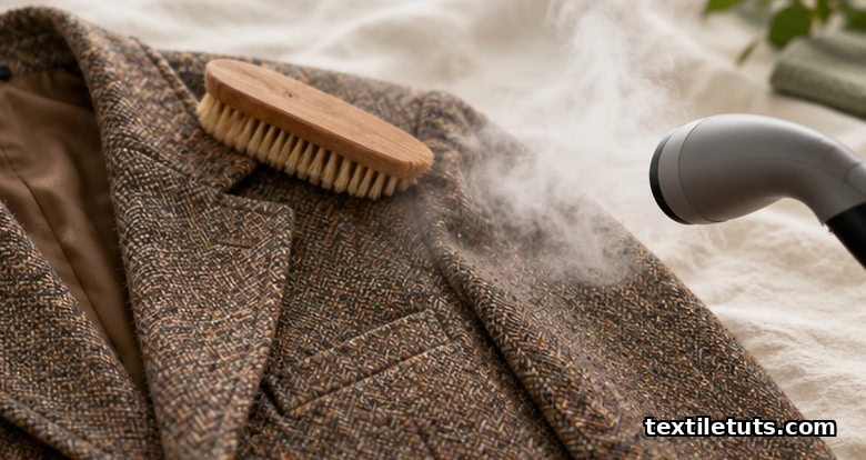 Tweed jacket laid flat with natural bristle brush on shoulder, handheld steamer releasing soft steam