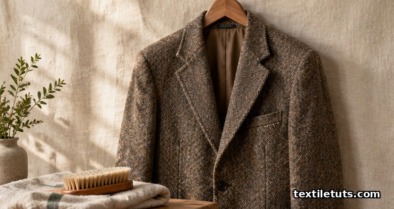 Structured tweed jacket draped on a wooden hanger against soft linen backdrop, warm daylight