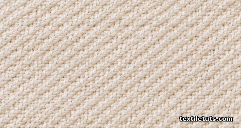 Overhead close-up of an undyed 2/1 twill weave cotton fabric showing the diagonal wale running from lower-left to upper-right with Z-twist weft.