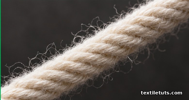 Extreme macro close-up of a twisted cotton yarn showing the helical surface fiber pattern and twist direction along the yarn axis.