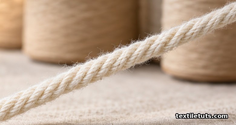 Extreme close-up of a twisted cotton yarn strand showing the helix pattern of fibers against wooden spools.