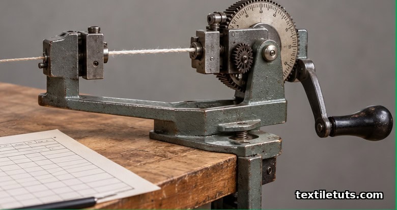 Close-up of a mechanical hand-cranked twist tester clamping a cotton yarn sample between two jaws for TPI measurement.