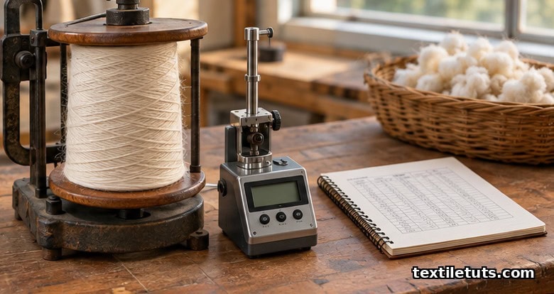 Mill workbench with a spinning bobbin, twist tester gauge, and fiber basket for twist multiplier calculations.