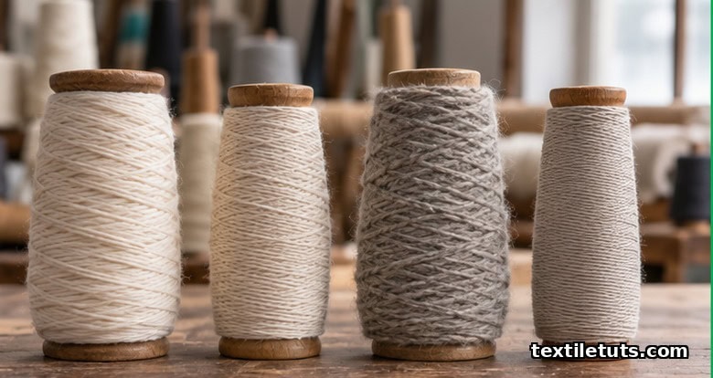 A row of spinning bobbins wound with cotton, worsted, and woolen yarn at different counts and twist levels on a workbench.