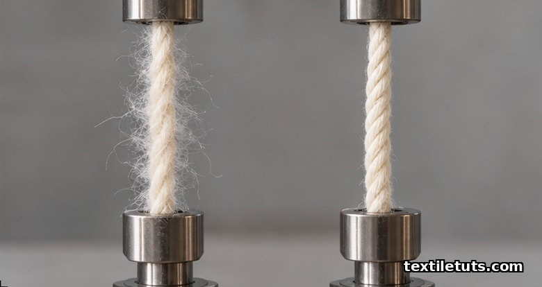 Side-by-side lab comparison of low-twist hairy yarn and high-twist compact yarn suspended on metal clamps.