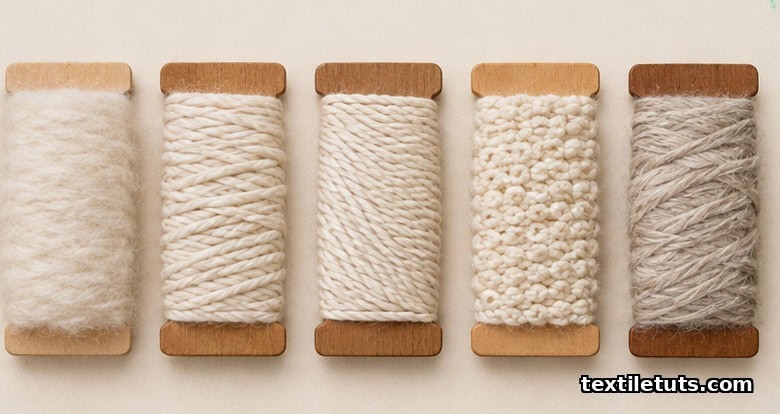 Row of five yarn samples on wooden cards showing cotton knit, weft, warp, crepe, and worsted yarn varieties.
