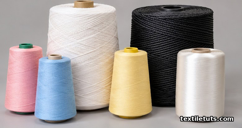 Display of sewing thread, embroidery yarn, hosiery, and tire cord packages produced by two-for-one twisting.