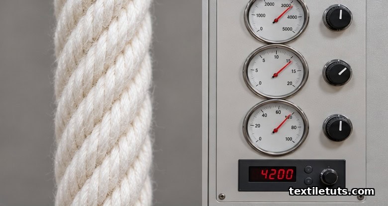 Magnified plied yarn showing twist pattern beside a TFO machine control panel with speed and tension dials.