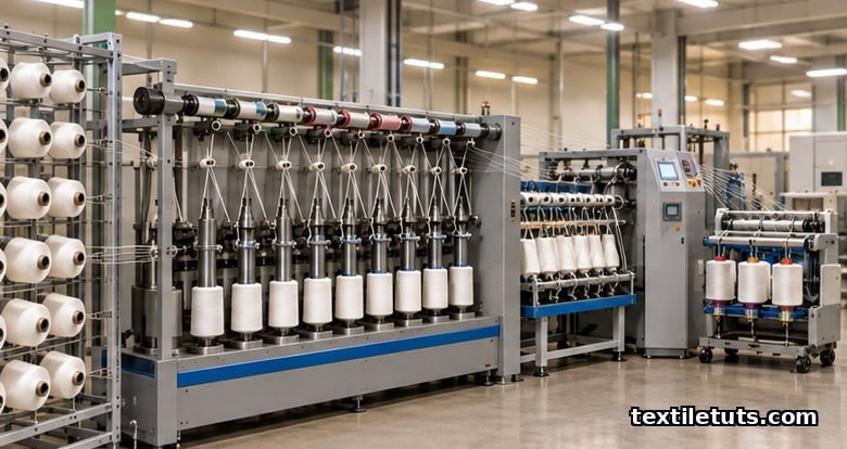 Wide view of a TFO twisting frame showing creel, spindle, take-up, and winding zones in a textile mill.