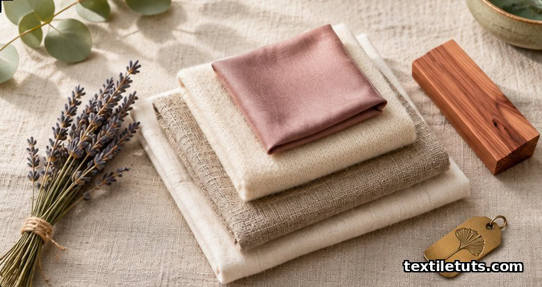 Flat lay of folded cotton, linen, wool, and silk swatches with cedar block and lavender on linen surface