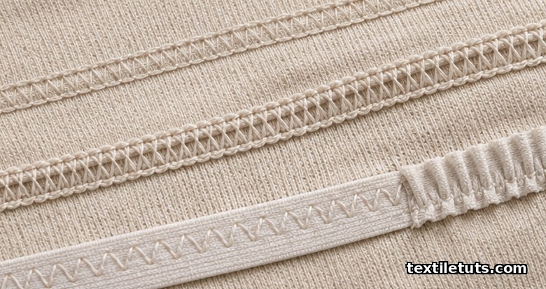 Macro of cotton-knit fabric showing flatlock, four-thread overlock, and zigzag-stitched elastic seams under soft side lighting.