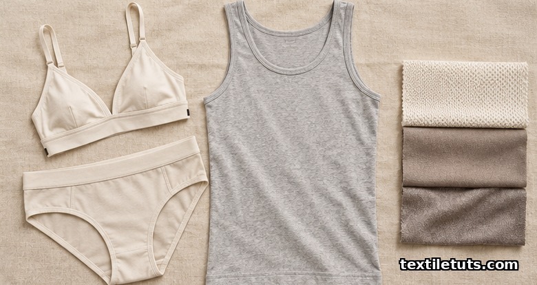 Flat-lay of a cotton-elastane brief, a women's bralette, and a men's tank beside stacked cotton, modal, and micromodal swatches on beige linen.